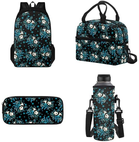 Tomeusey Mochila escolar para niños y niñas, bolsa escolar con lonchera reutilizable, estuche para lápices, funda para botella de agua, panda, Personalizable