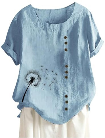 Recent Orders Placed Linen Tops for Women UK Summer Short Sleeve Cotton Linen Shirts 2024 Fashion Crew Neck Button Blouses Dressy Casual Dandelion Print T-Shirts Ladies Elegant Loose Fit Tee