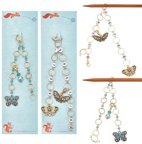 NBEADS 2 Stk. Reihenzähler-Ketten mit Emaille-Schmetterling-Anhänger, 2 Styles 0-9 Zahl Stricken Reihe Zähler Ketten Glas-Acryl-Perlen Häkeln Masche Marker für Stricken Weben Nähen
