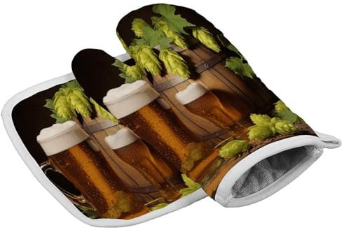 YJWANDO Ofenhandschuhe, Bier- und Hopfenzapfen, hitzebeständige Handschuhe, Küchenhandschuhe, Kochhandschuhe, Mehrzweck-Ofenhandschuhe, regulär, Stil