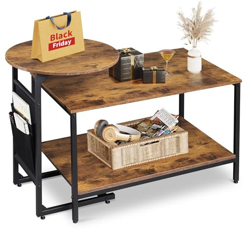 WLIVE Coffee Table Set - Table Basse 79,5 cm Et Table D'Appoint Ronde 47,5 cm, Bois avec Pochette Latérale pour Salon, Chambre, Canapé, Brun Rustique