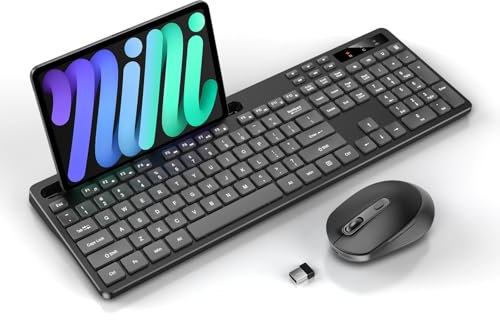 Wireless Keyboard and Mouse Combo, Soueto 2.4G Full-Sized Computer Keyboard with Phone Tablet Holder, 22 Multimedia Shortcuts, Numeric Keypad, 6 Button Silent Mouse for Windows, Mac (Space Black)