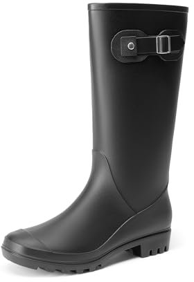 DREAM PAIRS Stivali da Pioggia da Donna Alti Fino al Ginocchio da Donna con Fibbia Laterale Wellington Stivali di Gomma,Size 39,Nero,DWEMRB2503