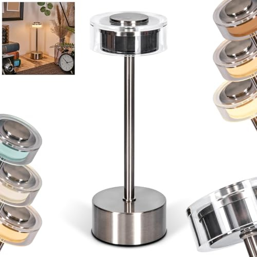 HOFSTEIN LED Tischleuchte Viada, dimmbare Tischlampe aus Metall/Kunststoff in Nickel-matt/Chrom/Klar, Leuchte mit Touchdimmer, CCT einstellbar, 2,5 W, Wohnzimmer, Schlafzimmer, Esszimmer, Flur, Büro