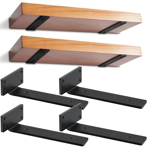 Lot de 4 Supports d'étagère Flottants de 25 cm, Fixations d'étagère invisibles, Supports Muraux en Métal Robuste pour étagère de Stockage | Bibliothèque - Avec vis (Noir)