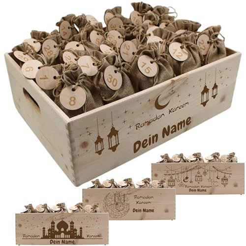 Personalisierter Ramadankalender Box aus Holz – Eid Mubarak Ramadankiste mit Wunschname, ideal zum Befüllen für Ramadan Kareem und das Zuckerfest (Ramadan Kareem, XL Kalender)