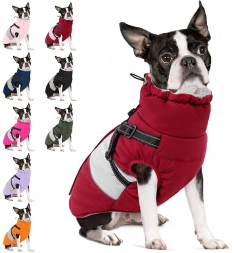 SUNFURA Hundejacke, großer Hundemantel mit integriertem Geschirr, warme Haustier-Winterjacke, Schneemantel mit Reißverschluss, Pelzkragen, wasserdichter Fleece-Schneeanzug für Französische Bulldogge