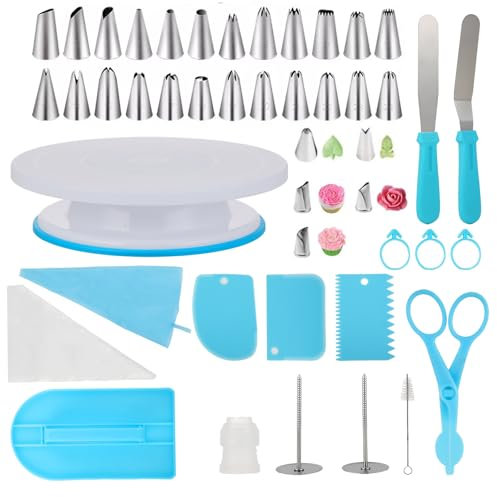65 Pièces Kit Pâtisserie - Plateau Tournant Pâtisserie - Accessoire Pâtisserie, en Acier Inoxydable et PP, incl. Plateau à Gâteau, Raclette à Gâteau, Douilles à Pâtisserie