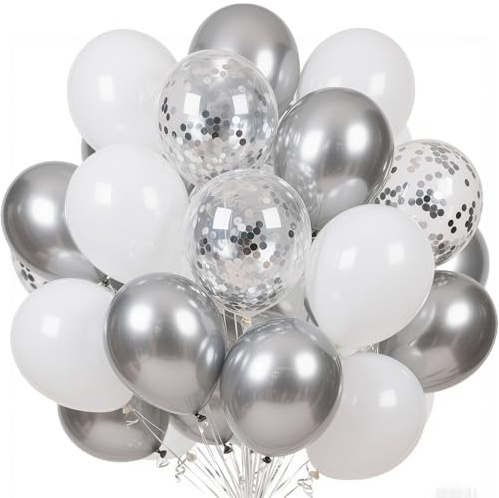 Luftballons Silber Weiß,60 Stück Konfetti Silber Ballons, 12 Zoll Hochzeitsballons Metallic Silber Balloons mit Bändern für Geburtstag Hochzeit Valentinstag Silvester Deko