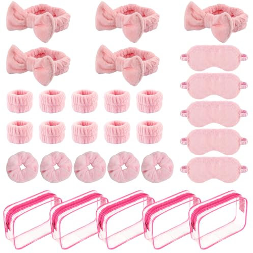 Lot de 30 accessoires de fête pour soirée pyjama, ensemble rose en vrac avec nœud, bandeau facial, masque de sommeil en peluche, sacs cosmétiques, chouchous pour femmes et filles, maquillage