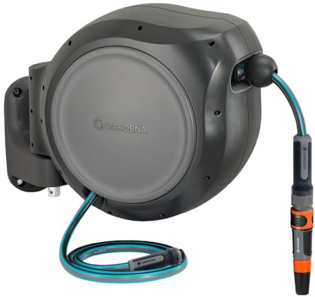 GARDENA Einziehbare Schlauchtrommel, 24,4 m, Premium-Schlauch mit hohem Durchfluss, Sprühdüse, Wandhalterung, gefederter automatischer Rücklauf – US-Schlauchgewinde + Schnellverbindungssystem