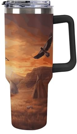 Rkklvbns Native American Tribes Travel Coffee Cup, 40 Oz Tumbler with Handle And Straw Lid, Leak-proof Large Capacity Car Cup, Keeps Cold Or Hot for Gym, Travel Sports