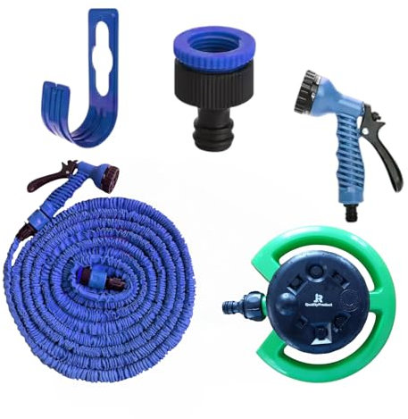 JR QualityProduct Ensemble de tuyau d'arrosage de 15,2 m, pistolet pulvérisateur 7 fonctions, arroseur à 7 motifs, support mural, bleu