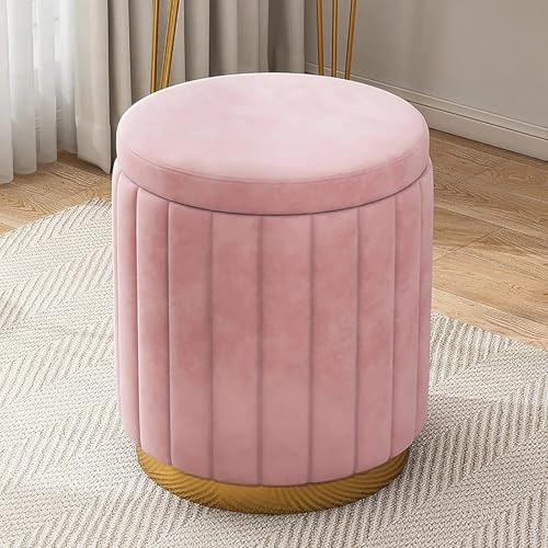 Velvet Vanity Stool with Storage – Round Padded Ottoman Storage Stool for Bedroom & Living Room(Pink)
