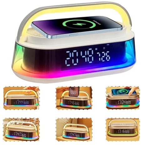 Bluetooth Speaker with Wireless Charger Alarm Clock FM Radio Night Light | 15W Fast Wireless Charger USB Charging Port Adjustable LED Night Light Digital Alarm Clock FM Radio for Bedroom Desk