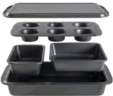 Stackable 5 Piece Nonstick Bakeware Set – Loaf Pan, Square Pan, Muffin Pan, Roaster Pan & Cookie Sheet – Carbon Steel, Easy Release, Dishwasher Safe