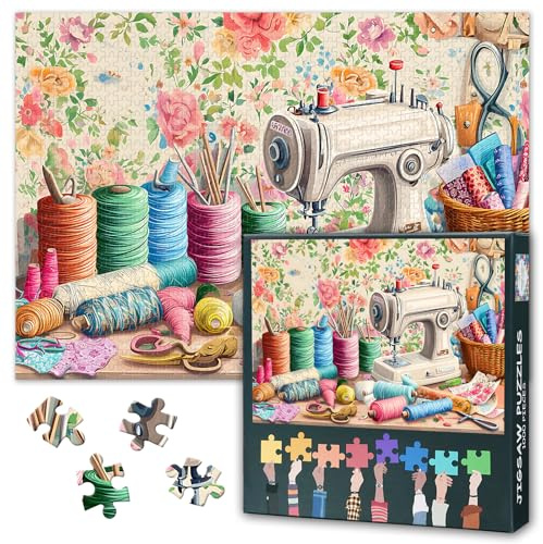 1000 Teile Puzzle für Erwachsene Nähmaschine Stoffknäuel Motiv Nähzimmer Kunstpuzzle Entspannungspuzzle Schwieriges Puzzle Kreatives Geschenk für Familie Freunde 50.5 x 70.5 cm