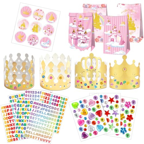 Lufdegim Prinzessin Party Papiertüten Set, Mit 12 Stück Kronen Papier Krone Partyhüte 12 Stück Mitgebsel Tüten 3 Blätter Strasssticker und 6 Blätter Alphanumerische Aufkleber für Prinz