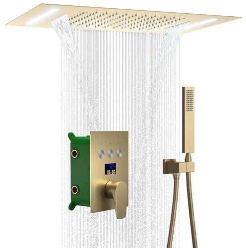 KAITAIHD Brushed Gold Shower System 14X20 inch Ceiling Shower Set | Rainfall & Waterfall Shower, Handheld Spray, 3 Shower Functions
