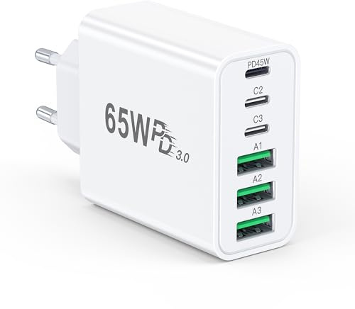 ANYKON 65W USB C Ladegerät, 6 Ports USB C Schnellladegerät PD 45W, USB Wand-Ladegerät, Fast Charge, EU Reise Ladeadapter für iPhone 17/16/15/14/13/12/11 Pro Max, Samsung Galaxy, iPad, Tablets, Handys