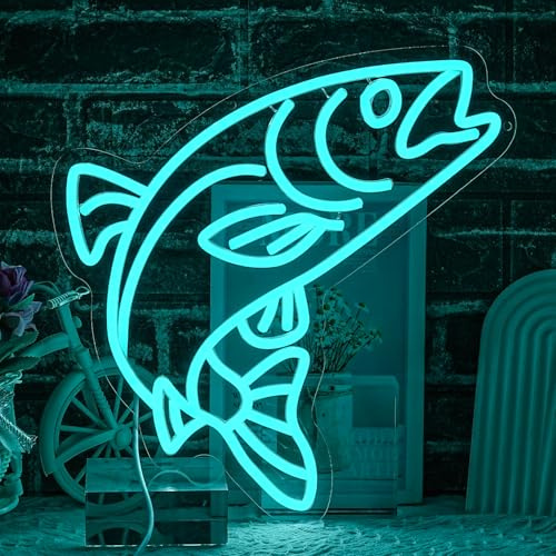 LULANMP Fisch Neon Schild Blau Lachs LED Schild Angeln Leuchtreklame Ozean Leuchtschild für Fischgeschäft Schlafzimmer Wohnzimmer Restaurant Büro Küche Dekoration