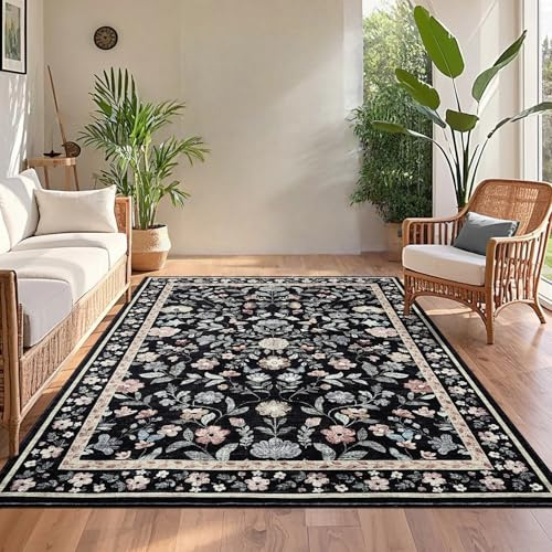 CAROMIO Waschbarer Teppich Blumenmuster 120x170cm rutschfest Schwarz | Vintage Blumen Wohnzimmerteppich, Boho Floraler Teppich für Schlafzimmer Kinderzimmer Esszimmer, Faltbar