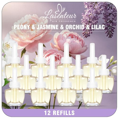 LASENTEUR Plug In Air Freshener Refills 12 Pack, 19ml Scented Oil Refills | Compatible with Air Wick & Glade, Long Lasting Floral Home Fragrance, Peony Jasmine Orchid Lilac