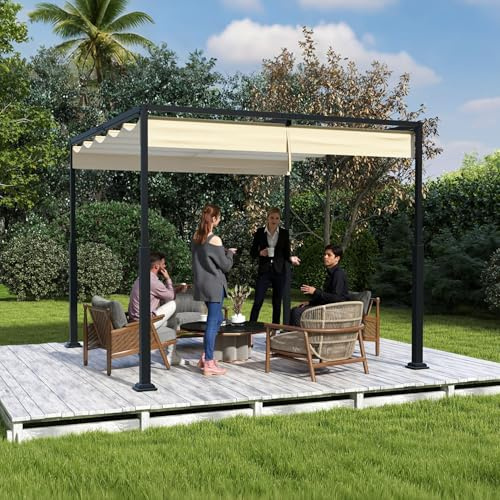 XMTECH Freistehende Pergola 3×3 m Beige mit Schiebedach, robuster Gartenpavillon aus pulverbeschichtetem Stahl, UV- und wasserdicht, freistehende Terrassenüberdachung, Partyzelt