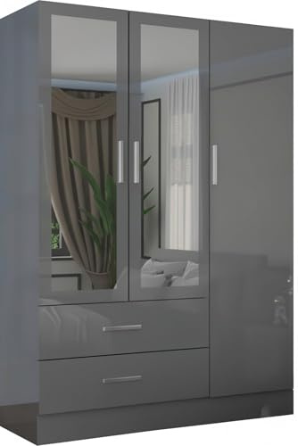 SLIDING WARDROBE 4U Modern 3-Door Sliding Wardrobe with Mirrors, Drawers, Shelves & Hanging Rail - Freestanding Bedroom Storage (Grey, 120cm)