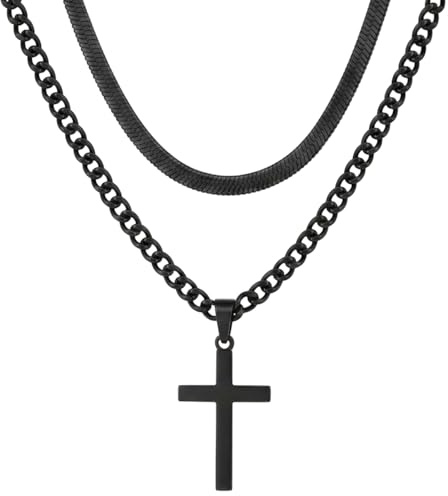 meberg Karma NH11605312 Halskette 2er Set Herren Kreuz Schlangenkette Silber od. Schwarz 60 cm Kette Herrenschmuck Kreuzkette Männer Herrenhalskette Edelstahlkette