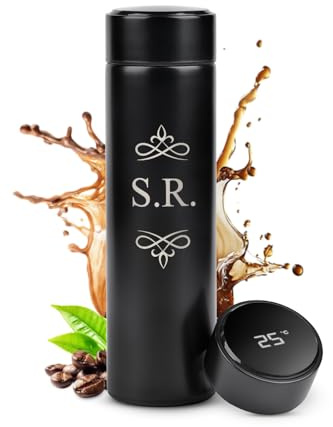 Maverton Botella Agua Acero Inoxidable 450ml - Termo Café Elegante Negro - Grabado - Pantalla LED con Temperatura de la Bebida - Tamiz para Infusiones- Regalos Exclusivos para Mujer - Iniciales