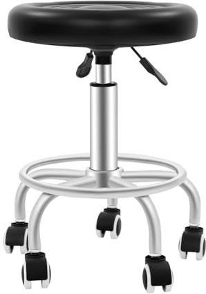 CHAPINGNI Rullpall, 33 cm höjdjusterbar arbetspall, snurrpall rullpall med 5 universella hjul, fotstöd, 360° roterbart, vadderat konstläder, 150 kg för kontor, salong, spa, tatuering, nagelstudio