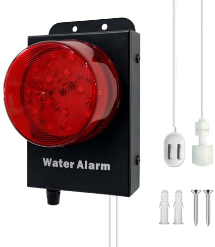 Allarme Perdita Livello Acqua 16.4Ft 2 Sensori, Strobe 120dB, Metallo | Batteria 9V, Doppi Sensori Galleggiante e Sonda Perdita, Volume Regolabile, per Pompa Sentina, Lavast., Sottolavello, Semint