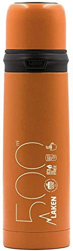 LAKEN Termo para Líquidos y Bebidas, Acero Inoxidable 18/8 con Tapón-Vaso, Aislamiento de Vacío con Doble Pared, 12 h Calor y 24 h Frío, Naranja 0,5L