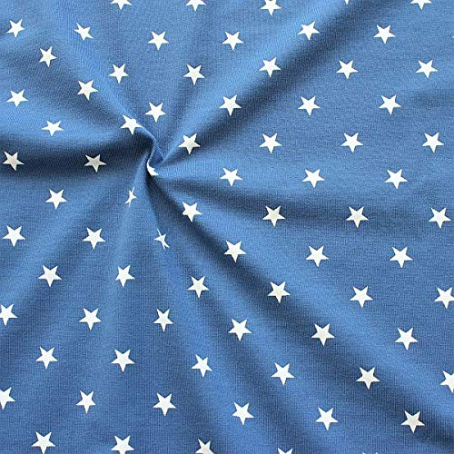 STOFFKONTOR Baumwoll Stretch Jersey Stoff Classic Stars 2 - Öko-Tex Standard, Meterware, Jeans-Blau Weiss - zum Nähen von Kleidern, Röcken, Shirts uvm.
