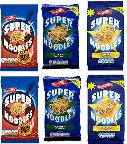 Bachelors Super Noodles 6 Pack. 2 x Beef 2 x Curry 2 x Chicken Flavour Noodles
