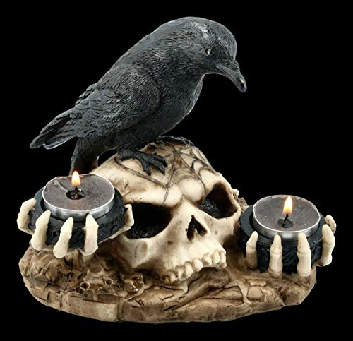 Figuren Shop GmbH Gothic Teelichthalter - Rabe auf Totenschädel | Skull, Schädel, Fantasy Deko-Artikel, Deko-Figur, Skulptur, Statue, H 16 cm