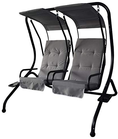 Green-Spirit - Garten Hollywood-Schaukel 2-Sitzer - Schwarz mit grauen Polstern und Sonnenschutz - Garten-Möbel Set/Terrassen-Möbel