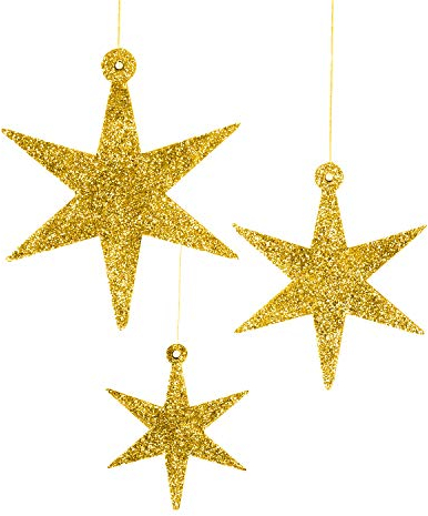 Oblique Unique® 3 Holz Sterne mit Glitzereffekt für Weihnachten Weihnachtsbaum Christbaum Anhänger Christbaumschmuck Weihnachtsdeko Holz Deko (Gold)