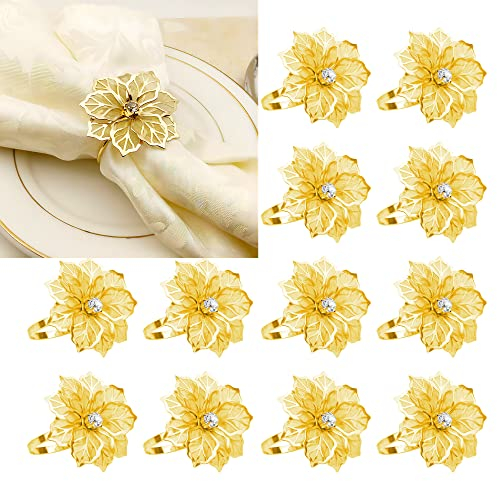 INCETUE Flower Napkin Rings Set of 12, Hollow Out Floral Napkin Holder Adornment Exquisite Household Napkins Rings Set Rhinestone Napkin Rings for Wedding Banquet Christmas Table Setting (Gold)