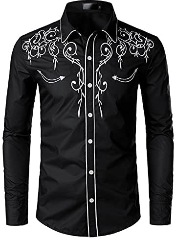 NW Mens Stylish Western Cowboy Shirt Embroidered Slim Fit Casual Long Sleeve Shirts Mens Wedding Party Shirt Black
