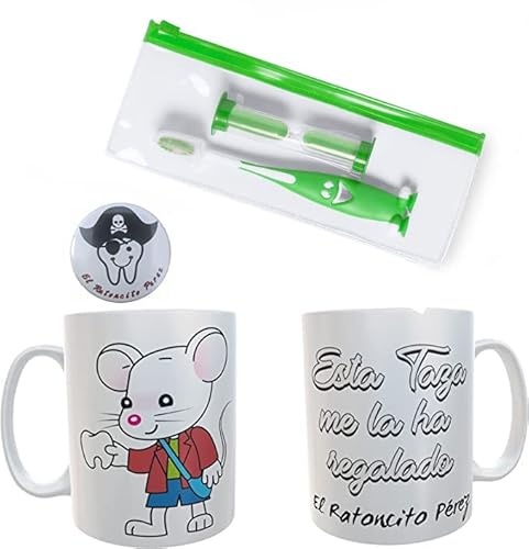 Pack de Taza desayuno ratoncito perez + chapa divertida Ratoncito Pérez+ Cepillo de Dientes - regalo ratoncito perez niña (Verde)