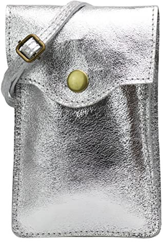 SH Leder Damen Handytasche Umhängetasche Geldbörse Multifunktion Beutel Schultertasche aus Echtleder Verstellbar Schultergurt Handy bis 6.8 Zoll 12x19cm ADA G3282 (Silber)