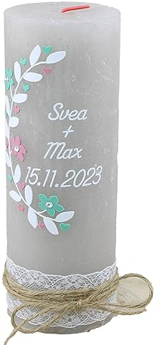 Christ-Kerzen Hochzeitskerze Svea und Max mit Namen und Datum, individuell, handverziert 1256, Variante:Glasteelichteinsatz