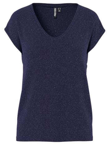 PIECES Women's Pcbillo Tee Lurex Stripes Noos T-Shirt, Sky Captain, M