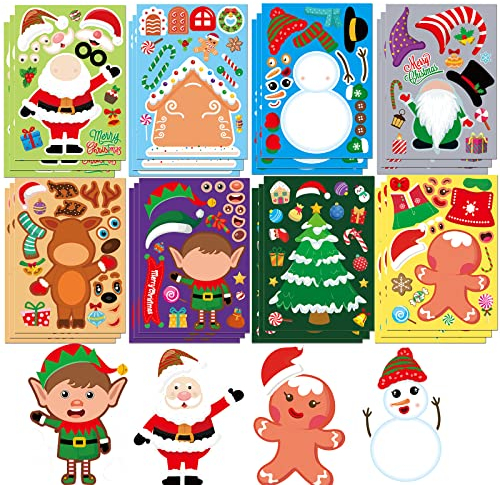 Aufkleber Weihnachten, Sticker Kinder Set Personalisierte Aufkleber DIY Make A Gesicht StickerbläTter, 16 Weihnachtsmann Rentier Schneemann Sticker FüR Kinder