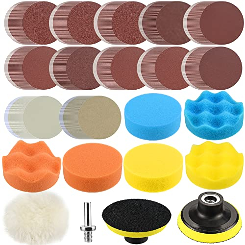 135Pcs Polishing Pads Sandpaper Kit with 3 Inch Sponge Buff Pads Set, 3 Sanding disc 40-7000 Grit Wet and Dry Sandpaper & M10 Drill Adapter Car Polish Kit for Wood Furniture and Car Polishing