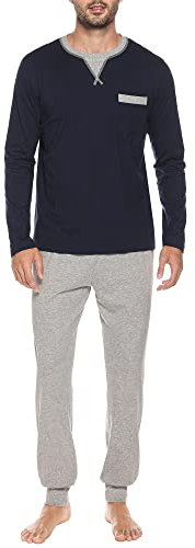 Winovia Pigiama lungo da uomo, in cotone, set da 2 pezzi, da notte, a maniche lunghe, con scollo rotondo, design a maniche lunghe e pantaloni da notte, Blu scuro, M