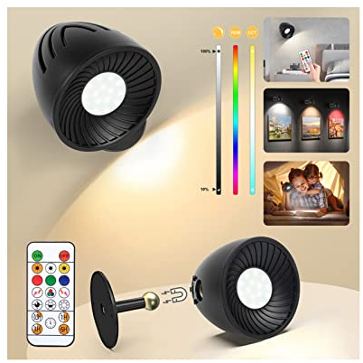 Wandlampe Innen Dimmbar mit Fernbedienung Kabellos Batterie, LED Wandleuchte Innen Akku USB Aufladbare 16 Farben Stufenlose Helligkeit Flurlampe 360°Drehbare Magnetische für Wohnzimmer Treppe