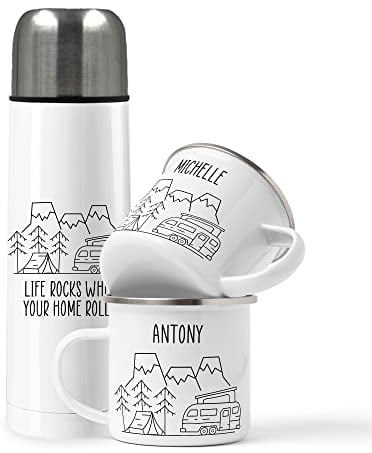 Custom Motorhome Mug and Flask Set, Camper Van Couples Mug, His and Hers, Camper Van Gift, Campervan Gift, Camper Mug Set